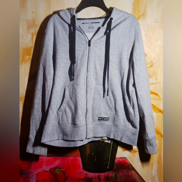 Gray Zip-Up Hoodie DKNY with Black Drawstrings - Picture 1 of 9